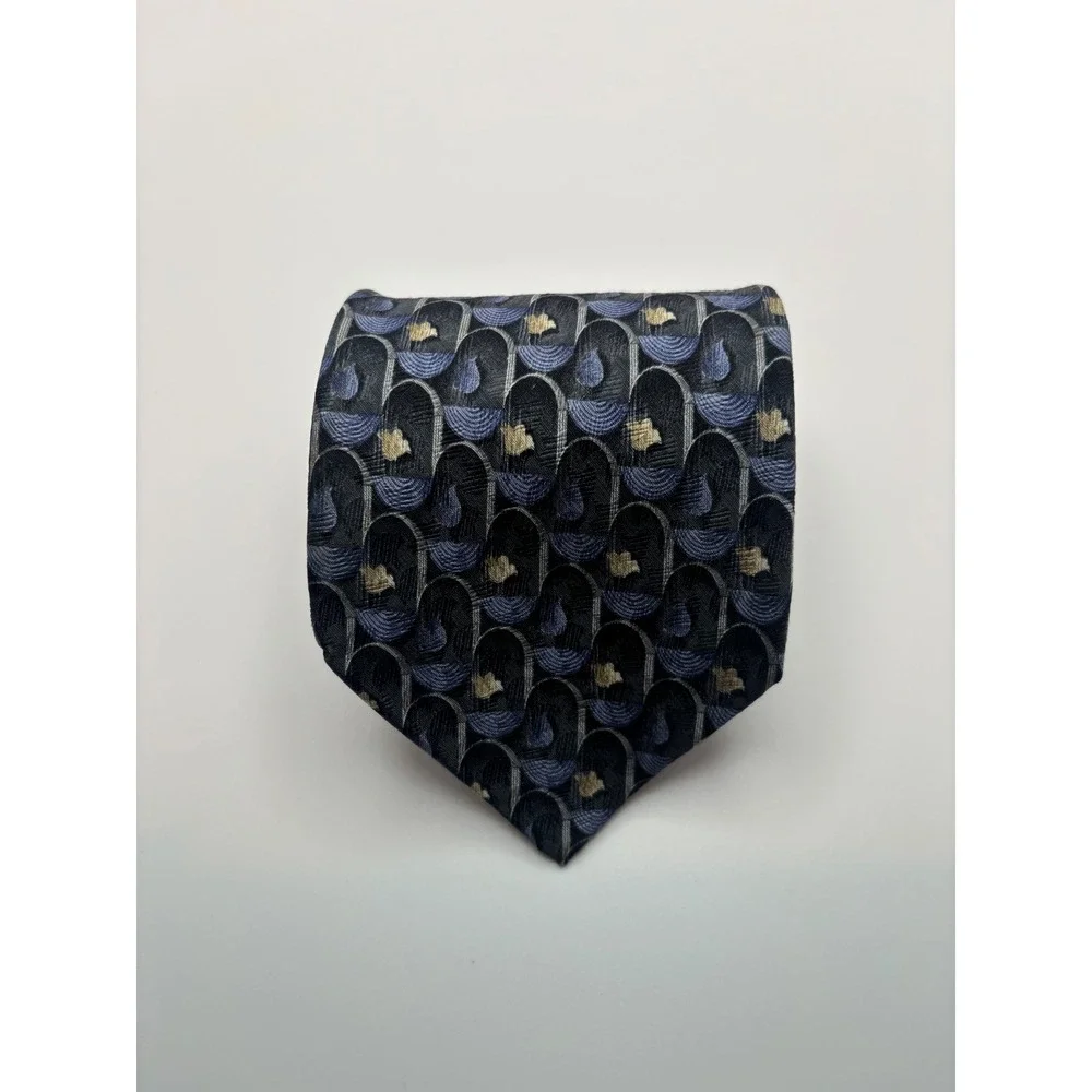 Ermenegildo Zegna Silk Tie Navy Blue Grey Gold Geometric Disegno Esclusivo Italy